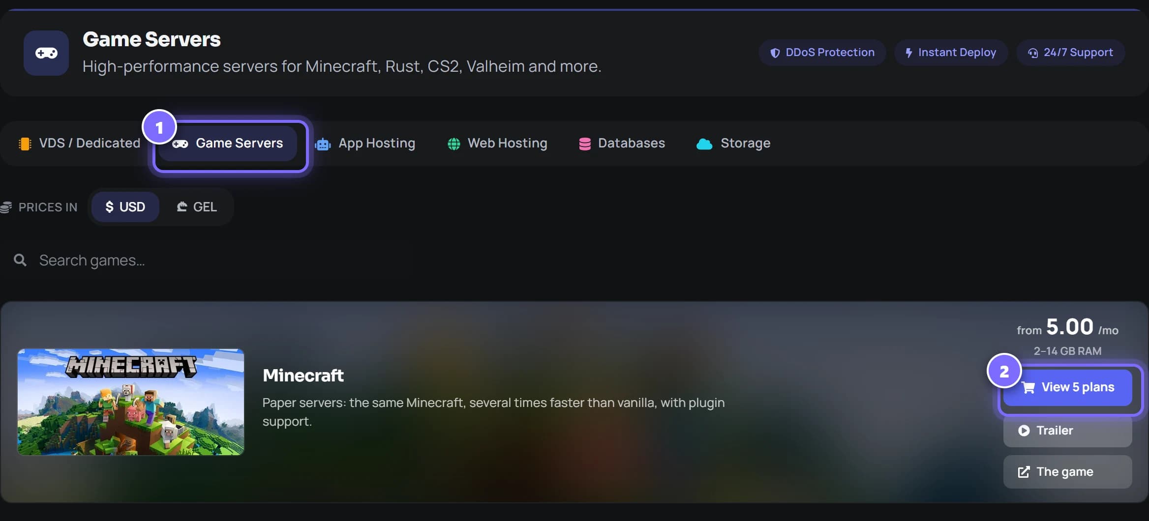 Obchod v panelu na záložce Game Servers, nahoře Minecraft a jeho tlačítko View plans